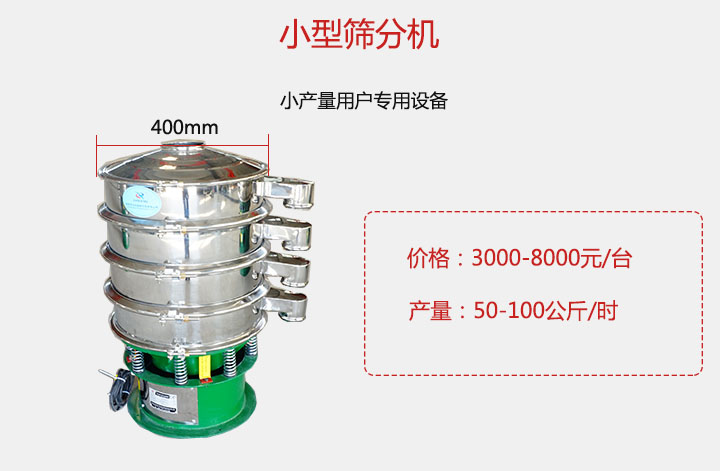 小型篩分機(jī)產(chǎn)量可達(dá)100公斤/時(shí)，價(jià)格3000元起。